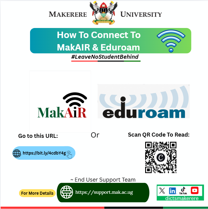 DICTSMakerere's tweet photo. #MakAIREduroam Connection Guide:

Click this link: https://t.co/qNoxliRZaO 

Note: 🚨 Without a University email address you cannot connect to these WiFi services. 

- Enroll on your student portal, give it 2-3mins
- Go to https://t.co/ylUqQX6VTB https://t.co/HN9j3UbznE