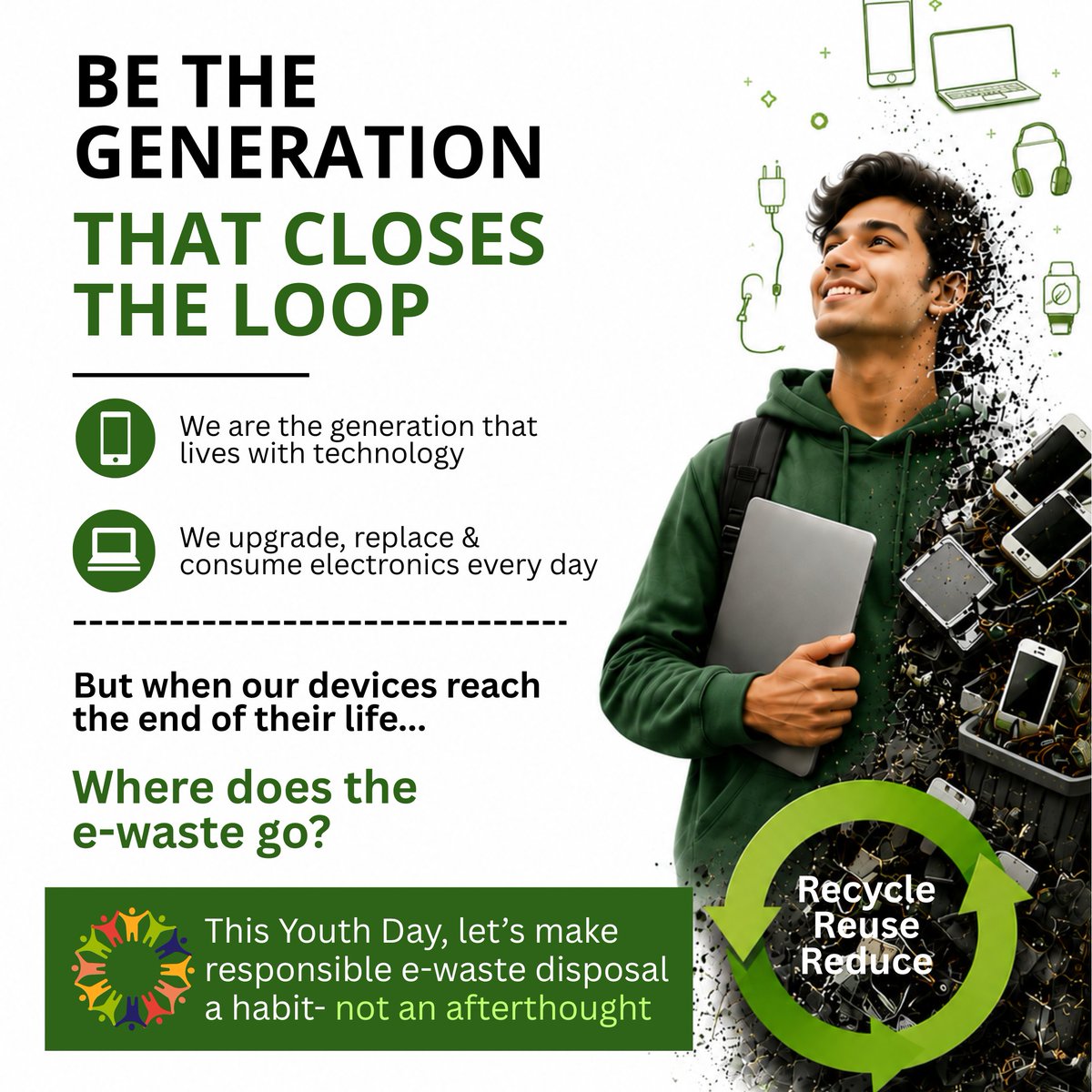 hmegreen's tweet photo. This International Youth Day, let’s be the generation that closes the loop. 🌱♻️

As we embrace technology, let’s also take responsibility for what happens to our old electronics. Reduce, Reuse &amp; Recycle e-waste responsibly for a cleaner, circular future.

#InternationalYouthDay https://t.co/4x6wM5vuGj