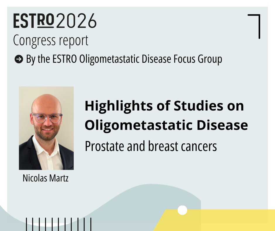 ESTRO_RT's tweet photo. #ESTRO26 #Oligometastatic Highlights
✅ #Breast (OLIGOMA): #SBRT + systemic therapy significantly extended median PFS to 35.8 vs 20.4 months (QoL preserved). 
✅ #Prostate (DART): Darolutamide only delayed cancer progression during active use.
 👉 https://t.co/afhREKCrNS
#RadOnc https://t.co/zoGwbz2pvN