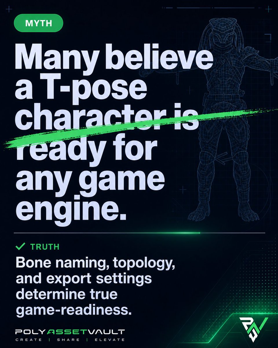 PolyAssetVault's tweet photo. "T-pose means game-ready" is a myth. A T-pose is just a rigging convention.

Real game-readiness is clean deformation topology, engine-matched bone naming, and FBX export tuned for your pipeline. The Alien Hunter on PolyAssetVault ships with all three documented. https://t.co/wedQEtz45e