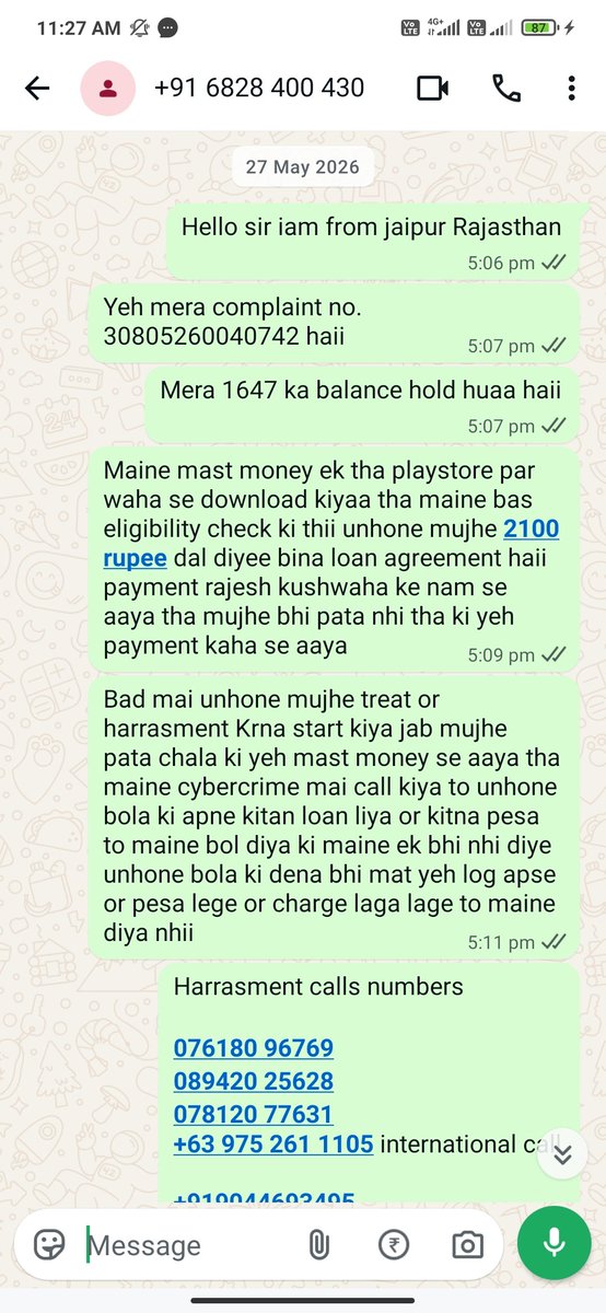 ShuklaAchman's tweet photo. Complaint number: 30805260040742
Cyber police number: +91 6828 400 430

@DelhiPolice hello sir mujhe yeh mere bank ne diya h mera amount lien kiya 1646 but yeh ek scam app se hua h maine koi loan liya nhi tha just check kiya tha but unhone loan de diya https://t.co/uWARvFPZhi