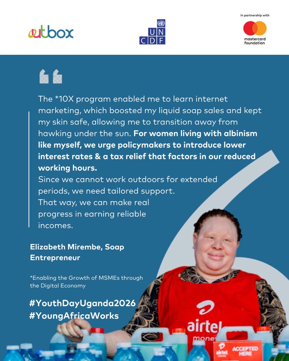 OutboxHub's tweet photo. #10XProgram: Earning reliable incomes doesn't happen by chance; it is built through intentionality by providing real opportunities for young people, taking into account their diversity, in order to earn enough to support themselves and their families based on the national cost of living. 

Elizabeth Mirembe, an entrepreneur living with albinism, suggests that real pathways to a sustainable income depend on acknowledging these distinct circumstances rather than relying on one-size-fits-all solutions.

#YouthDayUganda26 #YoungAfricaWorks 

@mkazipreneur