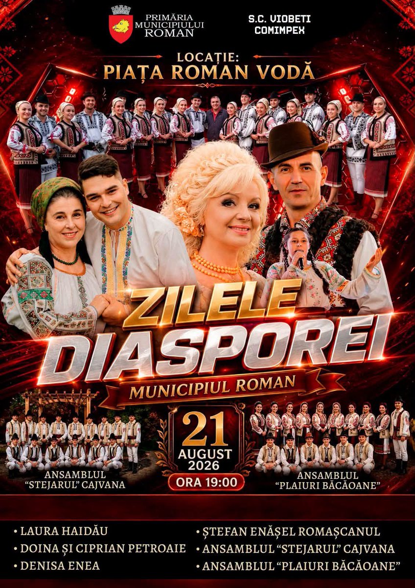Roman24online's tweet photo. ZILELE DIASPOREI – MUNICIPIUL ROMAN 2026
Piața Roman Vodă
21–23 august
Ora 19:00
Trei seri de sărbătoare, muzică, tradiție și energie, chiar în inima Municipiului Roman! https://t.co/rFsbGTo6sS