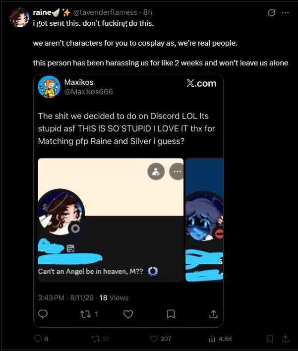 Maxikos666's tweet photo. You started the drama btw your childlish act instead of asking to change it and i am not harrasing you Girl for week i have been quiet since then so yea ik ur real humans i told her already that her pfp is Person i got drama into over stupid headcanon (I guess i have a big fan👀) https://t.co/8UVa55ABR3