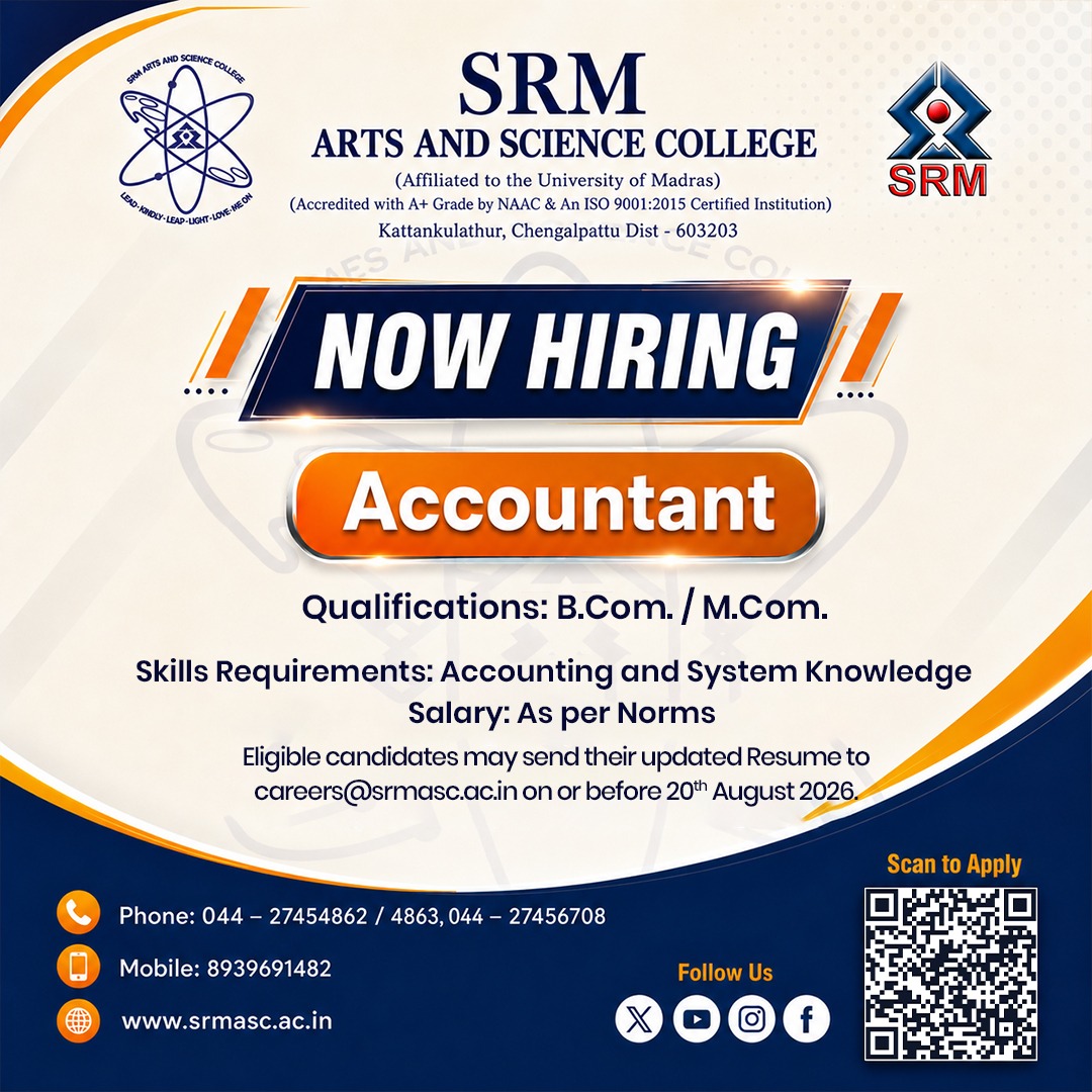 srm_asc's tweet photo. SRM Arts and Science College - Accountant.
🎓 Qualification: https://t.co/KeR9BKwaxo. / https://t.co/xZo9vB3itw.
💻 Skills: Accounting &amp; System Knowledge
💰 Salary: As per norms
📅 Apply by: 20 August 2026
📩 careers@srmasc.ac.in
#NowHiring #Accountant #AccountingJobs https://t.co/b1VYpIi65J