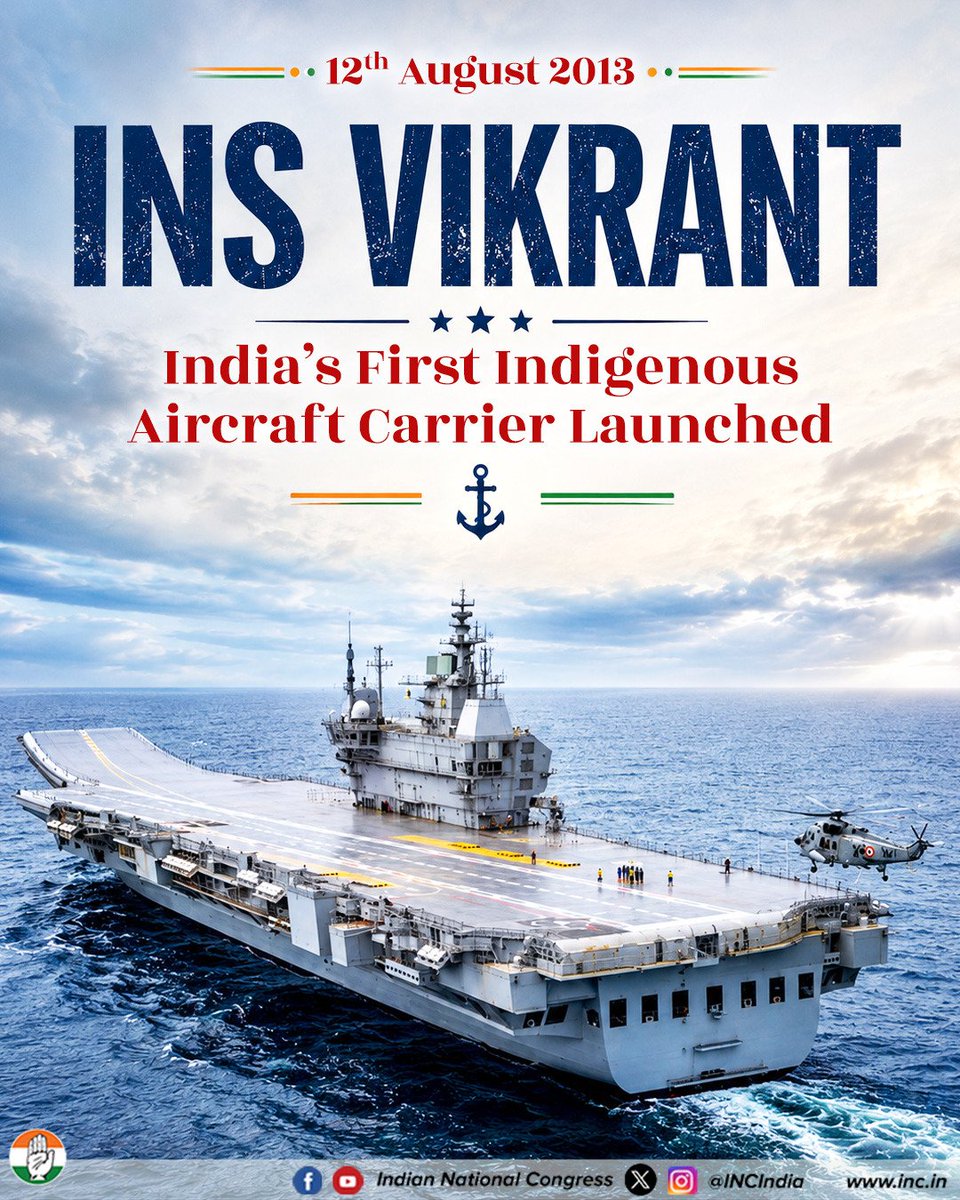 INCMumbai's tweet photo. 12 August 2013 marks the launch of INS Vikrant, India’s first indigenous aircraft carrier.

A proud milestone in our journey towards self-reliance in defence and naval capabilities, reflecting India’s growing strength and innovation.

#INSVikrant #India #Mumbai https://t.co/RpGmGrBbaY