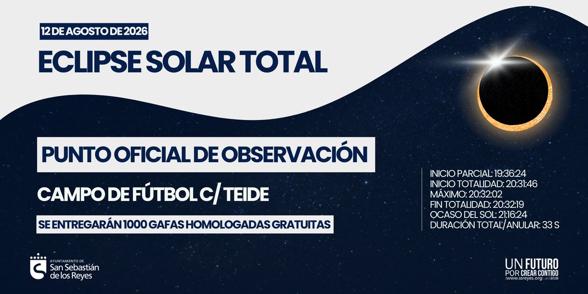 sansecomunica's tweet photo. ¡Buenos días! 😎

Hoy viviremos el eclipse solar. Recuerda que el observatorio oficial en San Sebastián de los Reyes es el campo de fútbol de la Calle Teide.

❌ No se podrá ver en la Dehesa Boyal. En ningún momento se permitirá el acceso. Además, contaremos con la seguridad de la Unidad de Caballería del Cuerpo Nacional de Policía.

🕢 Desde las 19:00h.
ℹ️ El Ayuntamiento repartirá 1.000 gafas homologadas.

Vívelo en nuestra ciudad 😉