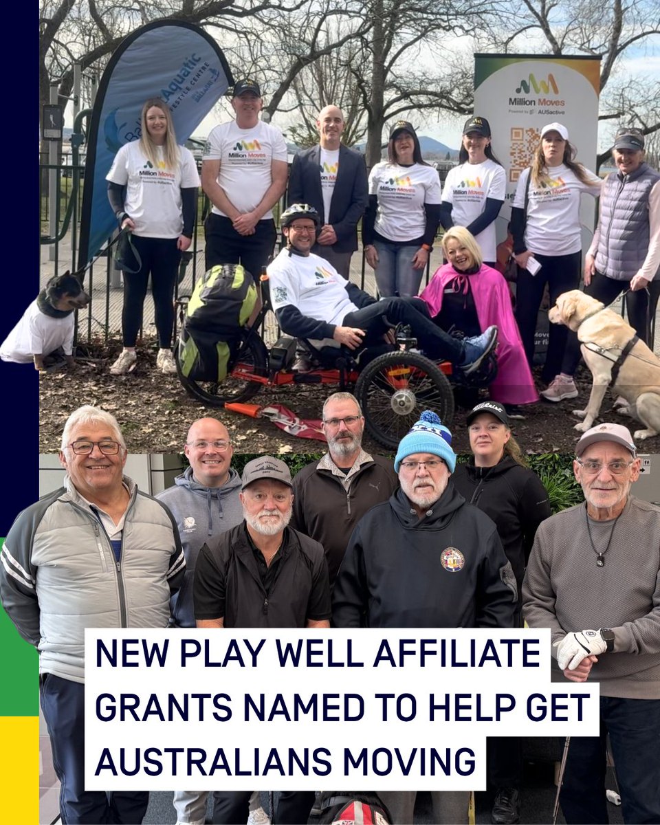 A graphic of people standing in a group with words 'New Play Well Affiliate grants named to help get Australians moving'