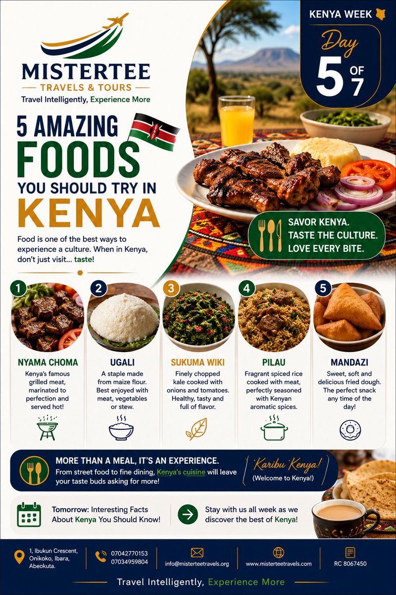 Taiwobiodun's tweet photo. Day 5 – Kenyan Cuisine

A destination is never complete without tasting its food!

🍖 Nyama Choma 🍚 Ugali 🥬 Sukuma Wiki 🍛 Pilau 🥟 Mandazi

Which one would you try first?

#FoodTravel #KenyaCuisine #KenyaWeek https://t.co/wUhbjZeffu