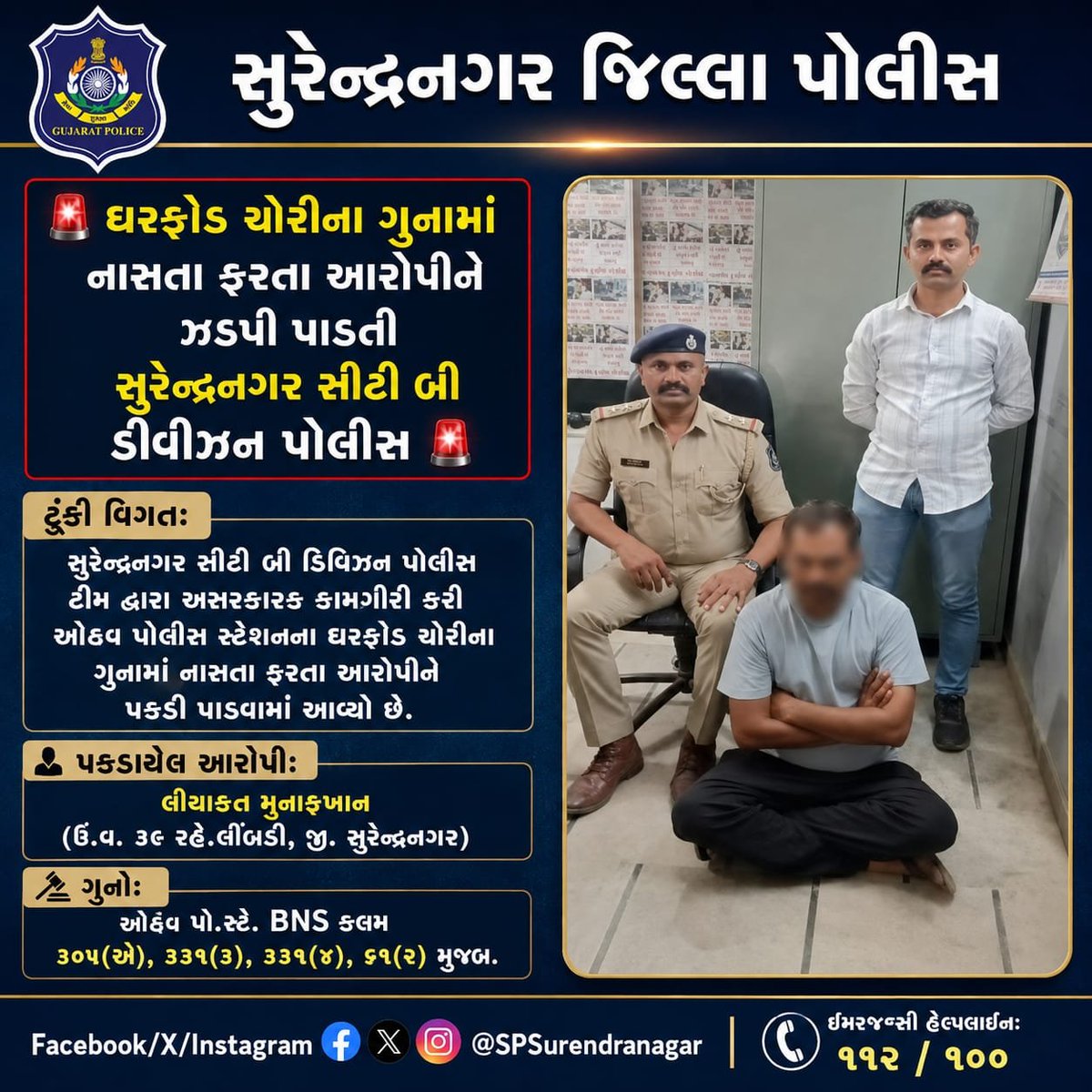 SPSurendranagar's tweet photo. સુરેન્દ્રનગર સીટી બી ડિવિઝન પોલીસે ઓઢવ પો.સ્ટે.ના ઘરફોડ ચોરીના ગુનામાં નાસતા ફરતા આરોપી લીયાકત મુનાફખાન પરમાર (રહે. લીંબડી)ને પકડી કાયદેસરની કાર્યવાહી કરી.

@GujaratPolice 
@dgpgujarat
@DIGPRajkotRange 
@DeluPremsukhIPS https://t.co/kc70X9UyWB
