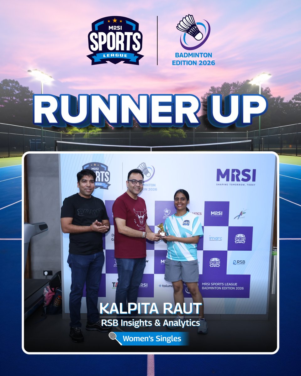 TheMRSI's tweet photo. A fantastic run on the court! 🏸
Congratulations to Kalpita Raut from RSB Insights &amp; Analytics on a spirited performance at the MRSI Sports League – Badminton Edition 2026. https://t.co/GT1I6KWAOO