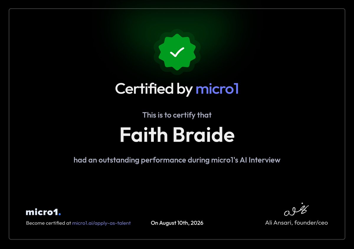 IamFaithBraide's tweet photo. Certified by @micro1_ai … AI interviews aren’t the easiest!!! But God did💃🏻 https://t.co/0F8IfcwwhB