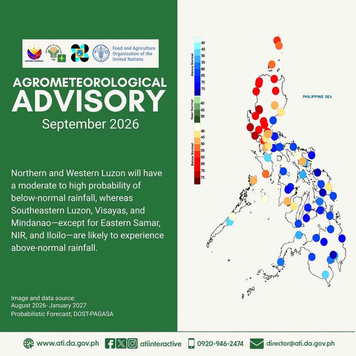 atiinteractive's tweet photo. Heads up, mga Ka-Agri!

The latest DOST-PAGASA seasonal forecast from August 2026 to January 2027 indicates a major shift in our weather patterns. While we are currently experiencing wet conditions mostly in Luzon this August, expect a weather reversal in September. https://t.co/AU0fB3MLSW
