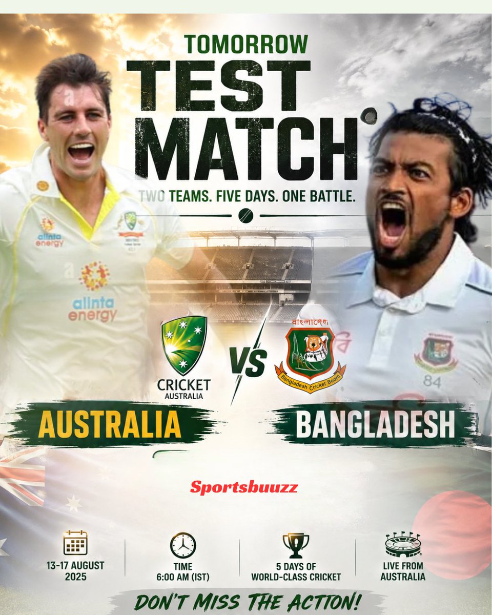 Sportsbuuzz's tweet photo. 🔥 AUS vs BNG — 1st Test! 🏏
The battle begins! 🇦🇺 Australia take on Bangladesh 🇧🇩 in a thrilling Test match. Expect big runs, fiery spells, and intense cricket action! 💥
 #AUSvsBAN #TestCricket #Cricket #CricketFans #Aussies #BangladeshCricket https://t.co/Wu15ijPn27