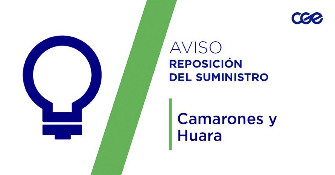 CGE_Clientes's tweet photo. Informamos a nuestros clientes de los sectores de A-40, Toribio Ravinet, Patricio Lynch, Vicuña Mackenna, Toribio Ravinet; en las comunas de #Camarones y #Huara, la normalización del servicio. Verifica tus automáticos, si continúas sin energía, comunícate con tu número de cliente a nuestros distintos canales de atención 📲 y te ayudaremos a solucionar el problema.