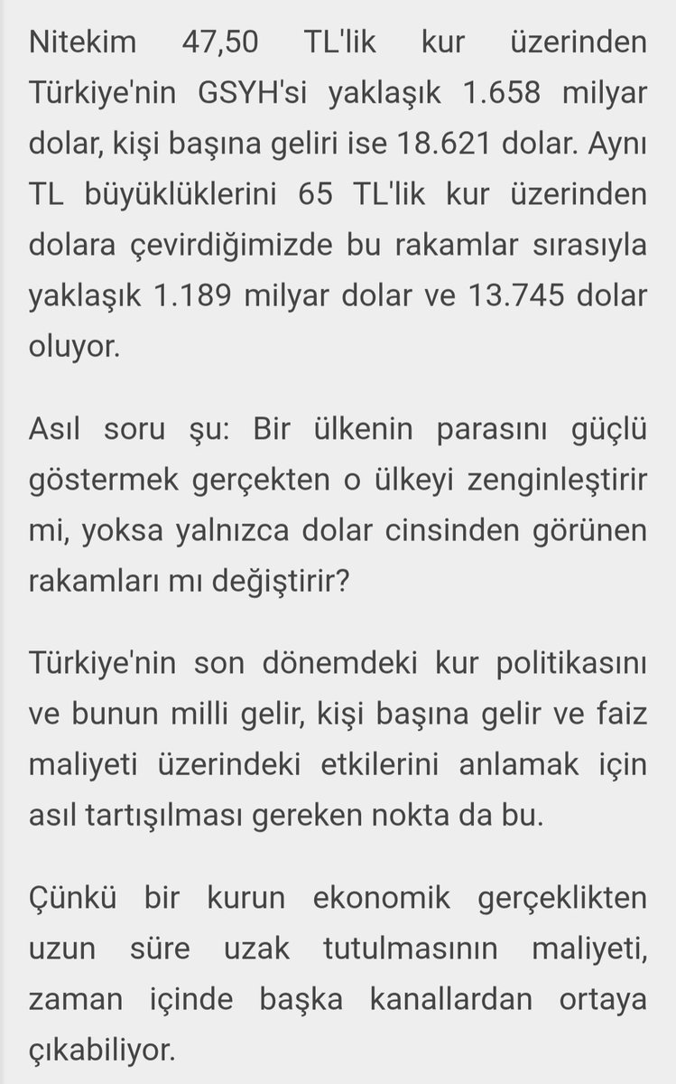 berna_gulpinar's tweet photo. Mağfi Eğilmez son yazısında, Big Mac Endeksi'nden yola çıkarak Dolar'ın 65 TL olması gerektiğini hesaplamış.

Ve kontrollü kur rejimi ile Türkiye'nin GSYİH ve kişi başına düşen milli gelirinin suni olarak yüksek gösterildiğini anlatmış.
🧐 https://t.co/V0GtQleNdE