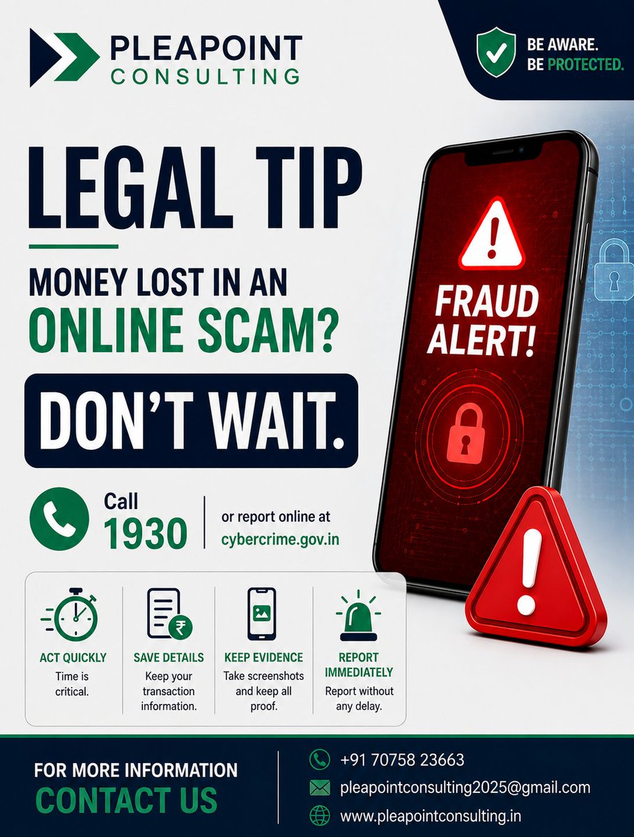 PLEAPOINT2025's tweet photo. 🚨 ONLINE SCAM? DON’T WAIT!

📞 Call 1930
🌐 Report at https://t.co/9VYHcSo0m7
📸 Save screenshots, transaction details and other evidence.
⚖️ Follow PleaPoint Consulting for legal awareness

#PleaPointConsulting #LegalTip #CyberFraud #OnlineScam #CyberSafety #FraudAwareness https://t.co/OGP6O9Bjuk
