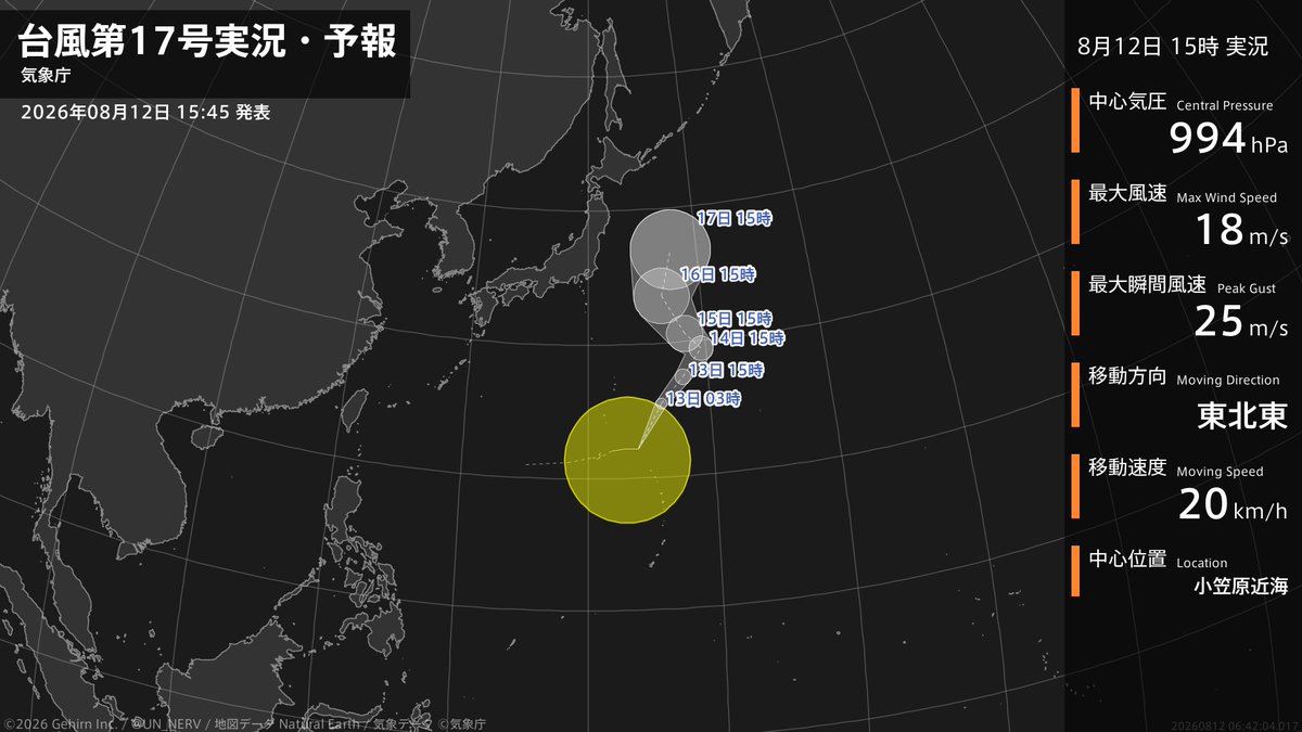 UN_NERV's tweet photo. 【台風第17号実況・予報 2026年08月12日 15:42】
大型の台風第17号（ナンカー）は、小笠原近海を1時間に20キロの速さで東北東に進んでいます。 https://t.co/vYjeD09zBo
