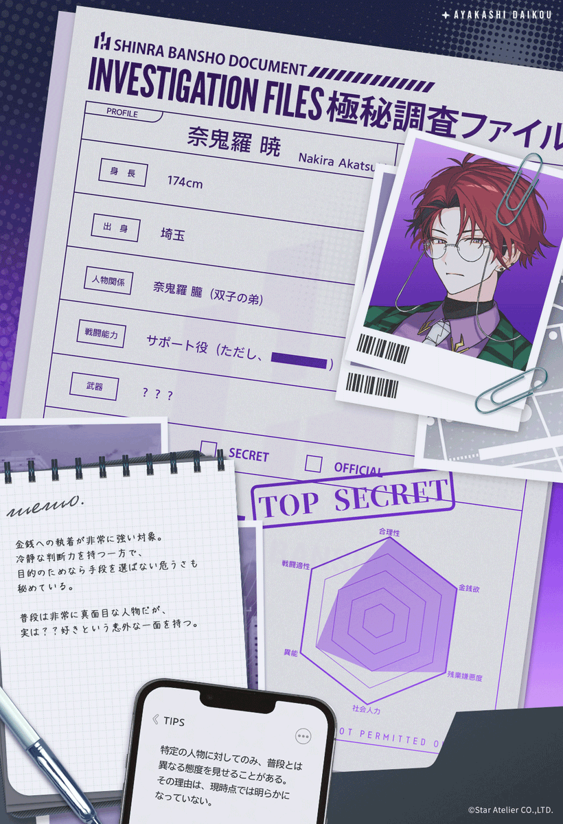 Ayakashi_daikou's tweet photo. 【㊙極秘調査ファイル｜奈鬼羅暁】

対象人物：奈鬼羅 暁
所属：奇々会
CV.#石谷春貴

常に冷静な判断を下し、周囲を支える存在。

感情に流されるこ���なく、目的のために最善の選択を重ねる彼は、
時に冷徹とも思える一面を見せる。

しかし、そんな彼にも一つだけ、例外がある。

自由奔放な弟・奈鬼羅 朧。
朧に向ける態度だけは、普段の暁とはどこか違っているようだ。

冷静な仮面の��に隠された、彼の本当の姿とは――

▼今すぐダウンロード✨：
iOS：https://t.co/Y3Ypicqnkm 
Google Play：https://t.co/aQwmmvk9lH

#アヤカシ代行 #アヤ代