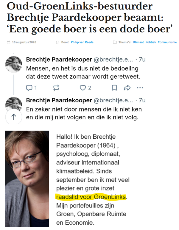 frans_nijhof's tweet photo. Brechtje Paardekooper.
Rijksambtenaar.
GroenLinks.
Adviseur internationaal klimaatbeleid.
Diplomaat.
Brechtje wenst alle boeren dood: “Een goede boer is een dode boer.”
Haar publieke standpunt mag niet verder verspreid worden. https://t.co/LzLqzSBa8y
