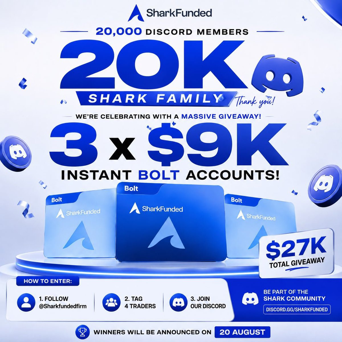 TrustedPropNews's tweet photo. 🚨 BIG INSTANT FUNDED GIVEAWAY!

SharkFunded is almost at 20K community members 🎉

To celebrate, they’re giving away 3 × $9K Instant Bolt Accounts 🎁

$27K total account value!

How to enter 👇
→ Follow @SharkFundedfirm
→ Follow @TrustedPropNews
→ Repost https://t.co/ZrXhSmxOt6