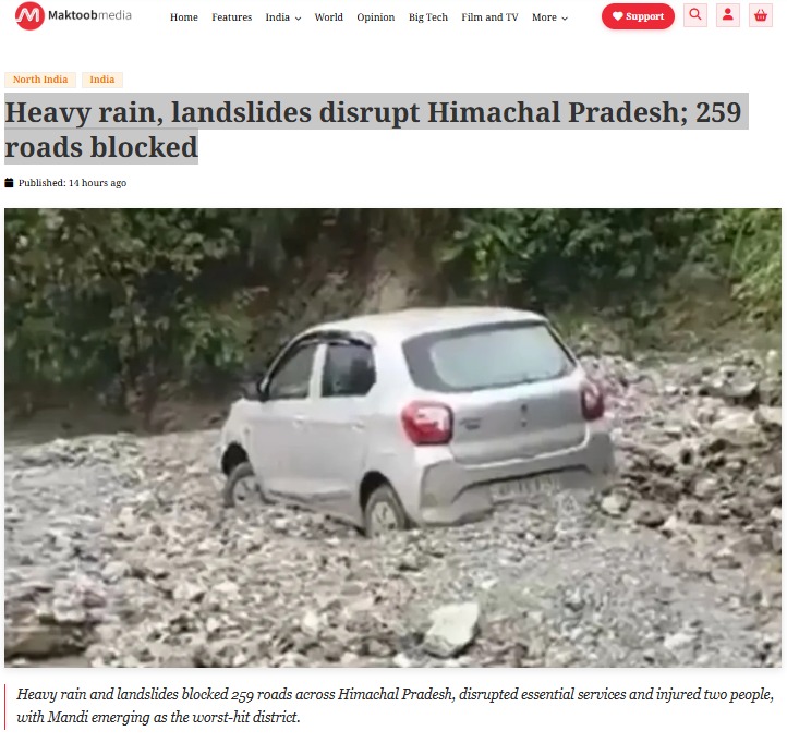 Romii832's tweet photo. Torrential rain and landslides hit Himachal Pradesh, leaving 259 roads closed, 161 power transformers affected, and 54 water supplies disrupted per SEOC. Mandi faces the most damage with 120 roads closed. #HimachalPradesh #Landslides #Rain #India https://t.co/EuJpNFSn0k