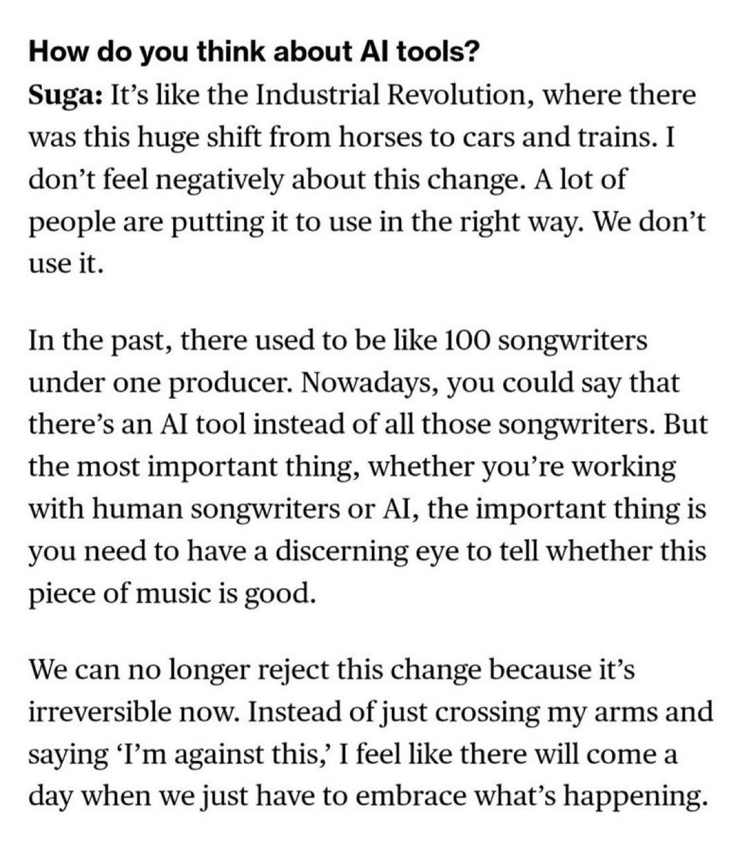 ameviil's tweet photo. "members were against ai, what happened?" members were never completely or strictly against it. yoongi compared ai to the industrial revolution, stating that he doesn't view this shift negatively, that the change is irreversible, and that instead of just crossing arms and saying “i'm against this,” one will eventually have to embrace it. they simply stated that they DON’T use it themselves in their music production. furthermore, in their conversation with tablo, namjoon and yoongi expressed their worries regarding ai and the group's future, where tablo reassured them that ai can never replicate human emotions or bts. in yesterday's ad, only the information learning features of the app were shown. one reason for this collaboration could also be that google and samsung are tour sponsors. but some people here were busy using their performative thoughts under the guise of criticism to insult the boys. if the first thing that comes to your mind is that the members' music will also be made with ai, then you haven't really been listening to the members at all.
