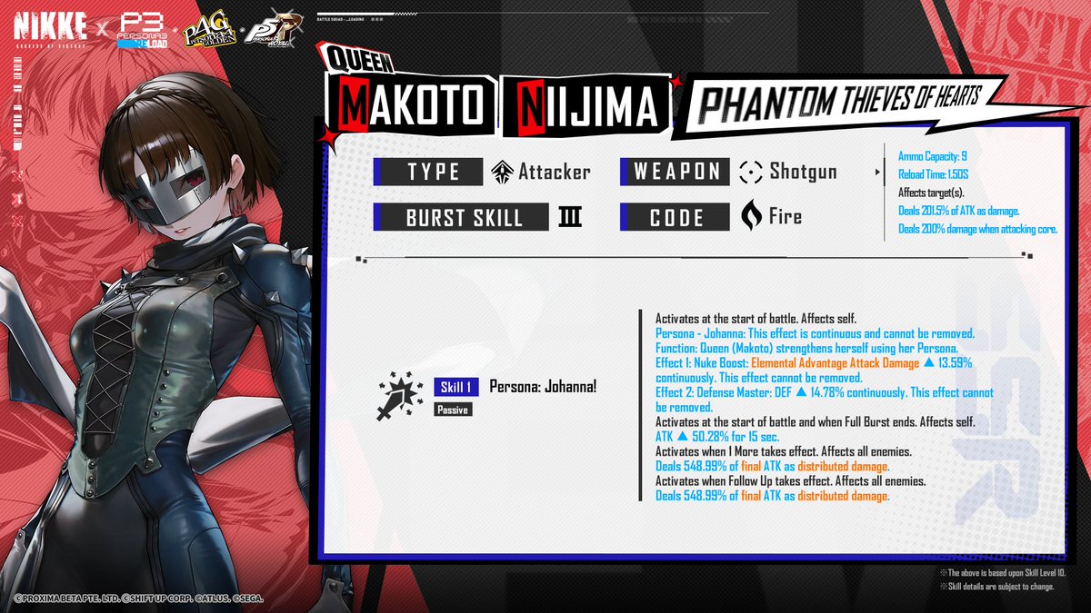 NIKKE_en's tweet photo. 【Character Motion Demonstration and Skill Introduction】

Queen (Makoto Niijima) uses SG: Iron Verdict.

Queen (Makoto) is an Attacker who boosts her own offensive power.
When using her Burst Skill, she further strengthens her attacking capability, dealing damage to multiple enemies.

Check out Queen (Makoto Niijima)'s skills below!

※Skill level is valued as 10.
※There is a possibility that the skills may be changed in the future.
※This video was recorded in the beta environment, please refer to the in-game version for the most accurate version.

#NIKKExPersona
