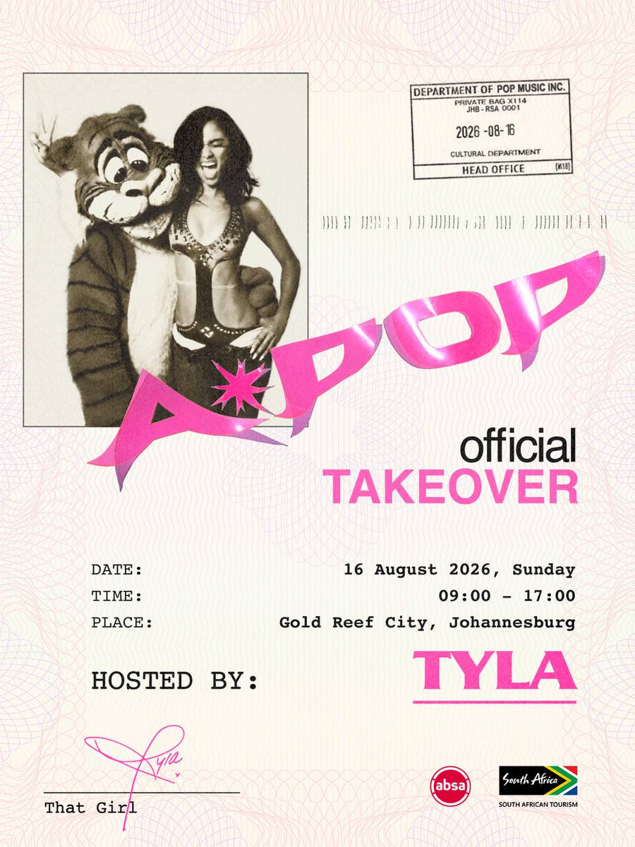 GoldReefCitySA's tweet photo. TYLA IS BRINGING A*POP TO GOLD REEF CITY!

Johannesburg, are you ready?

This Sunday, 16 August, Tyla and her friends are taking over Gold Reef City Theme Park for a day of A*POP, Theme Park thrills and good vibes.

Get your tickets and be part of it: https://t.co/5vmnHPHJa0

#Tyla #APOP #GoldReefCity