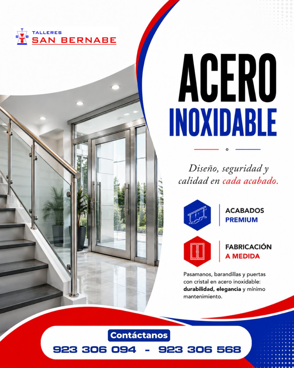 SanBernabeSA's tweet photo. En Talleres San Bernabé realizamos trabajos en acero inoxidable para pasamanos, barandillas y puertas con cristal, combinando diseño y acabados de alta calidad. Cada proyecto se fabrica a medida para integrarse perfectamente.

🌐 https://t.co/I0nllfjTZz https://t.co/M4ryk7Vb2X