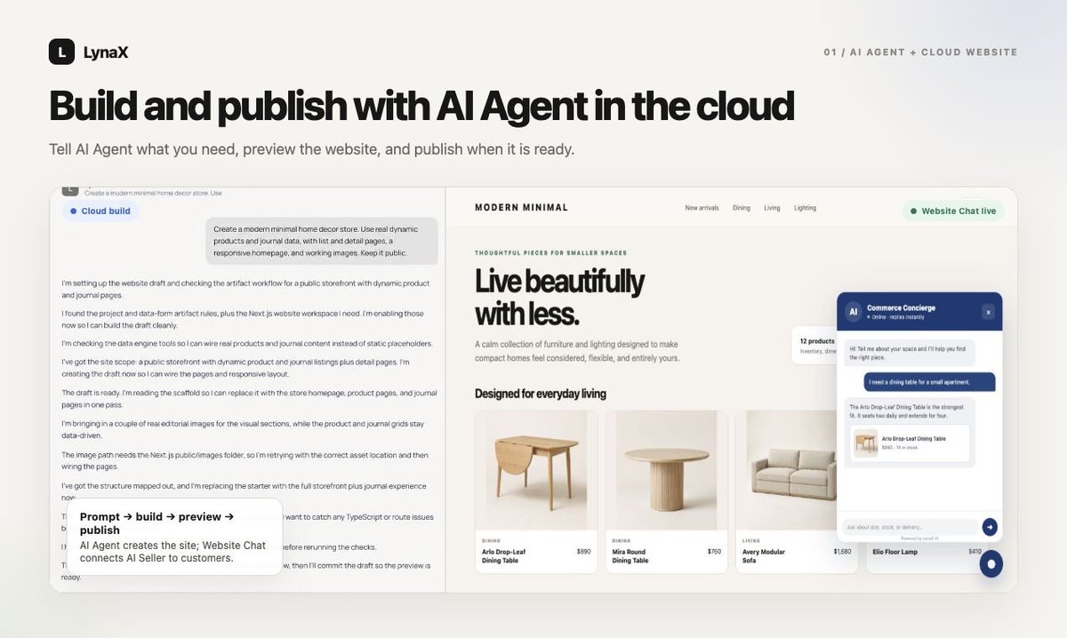 LynaXAI's tweet photo. The website is the starting point. AI Agent builds it in the cloud with preview, versions, protected environments, and publishing—without requiring a local setup. https://t.co/Bggx0k544z