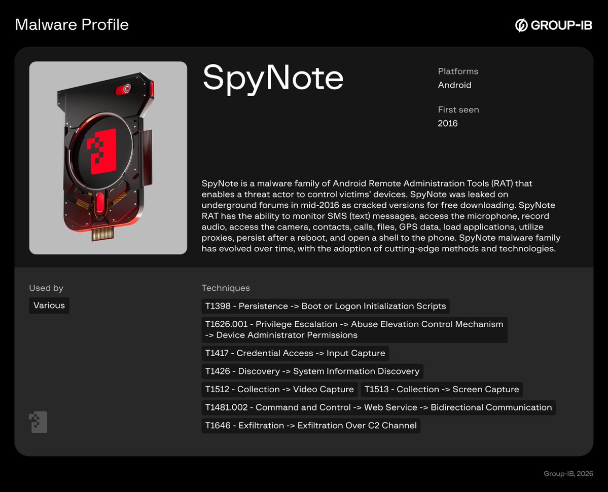GroupIB's tweet photo. Group-IB researchers identified a new Android NFC relay #malware, tracked as #WindRelay, which is deployed alongside #SpyNoteRAT in live-call fraud schemes. The combination gives threat actors remote access to Android devices while enabling real-time NFC card-data relay to an attacker-controlled device.