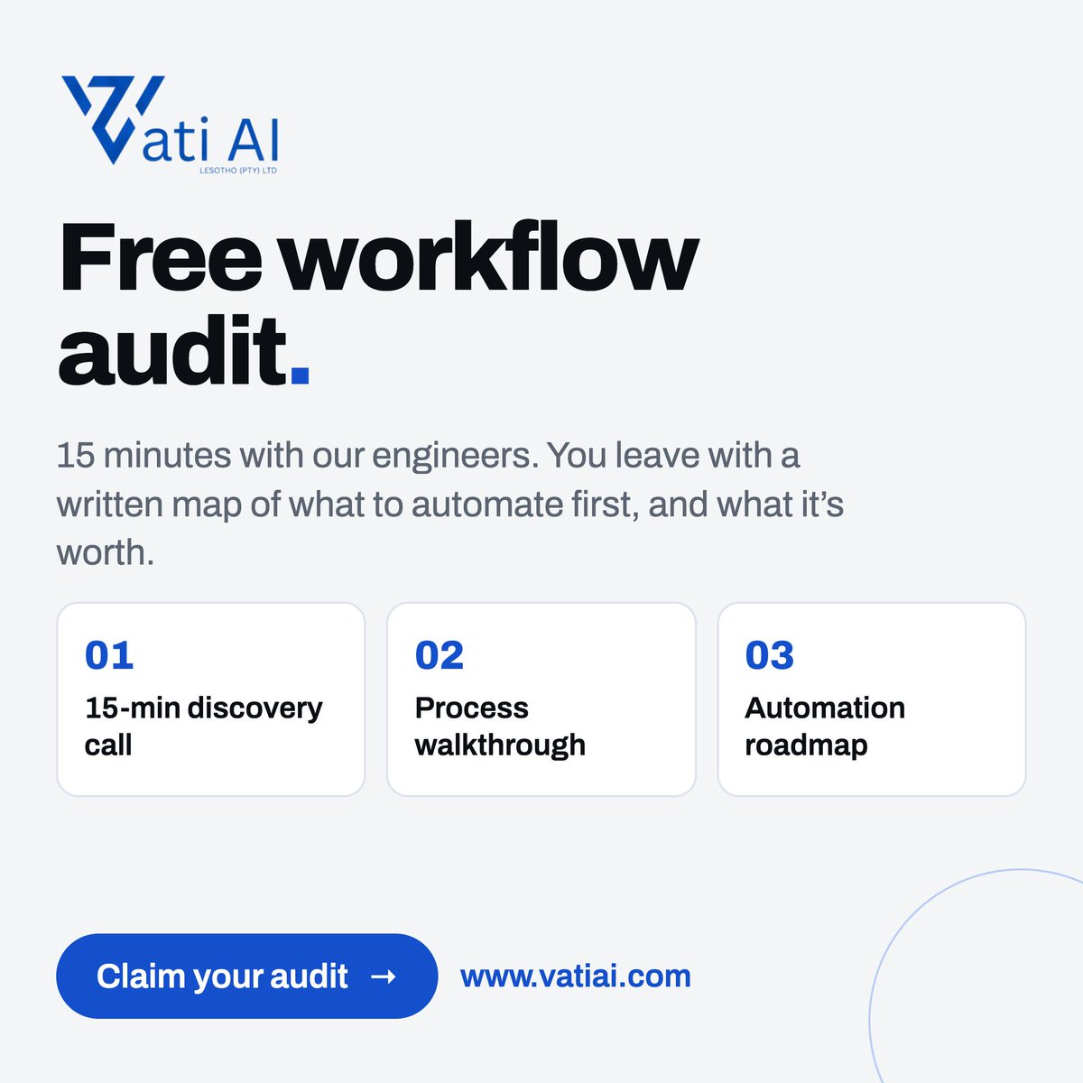 VatiTech's tweet photo. Free workflow audit: 

15min with our engineers → a written map of what to automate first and what it's worth.

Claim yours: https://t.co/pQ0s8o61SL https://t.co/CD8njhVSc7