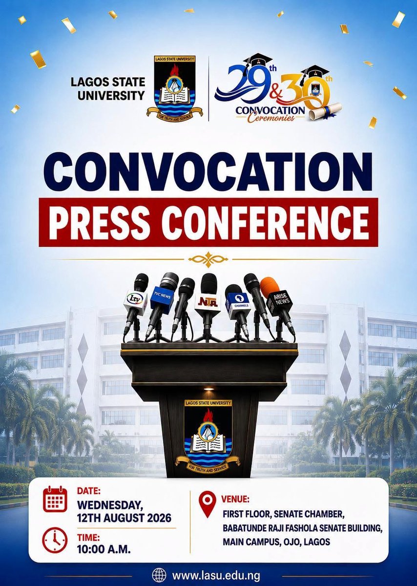 SEGIOoSERVICES's tweet photo. 📰 #LASUConvocation2026: LASU Holds Convocation Press Conference Today

LASU’s Convocation Press Conference holds today by 10am at the Senate Chamber, BRF Senate Building, Main Campus, Ojo.

For the 3rd consecutive year, we are accredited to cover the event. #LASUConvocation https://t.co/JQvKXzldUZ