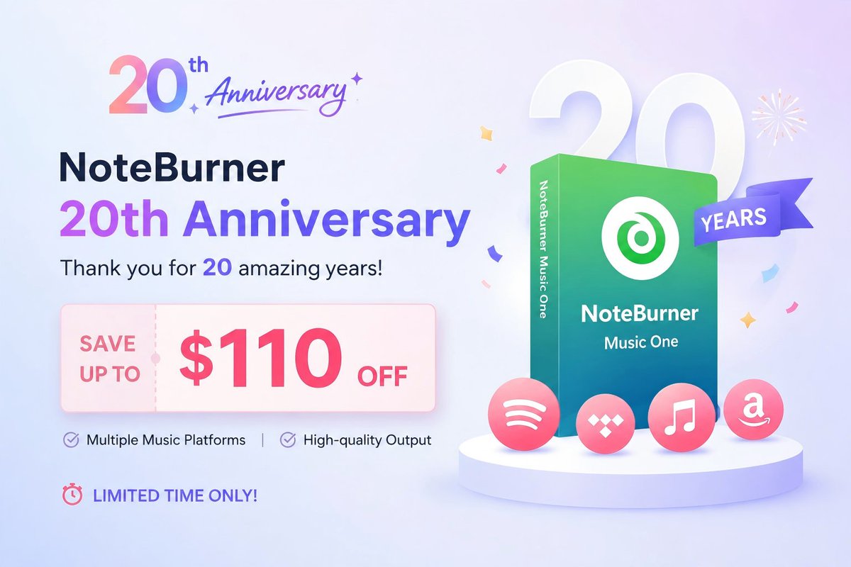 Noteburnersoft's tweet photo. 🎉 NoteBurner is turning 20!🥰 — and we're bringing you limited-time anniversary savings!🎁🎉
🎵 Convert Spotify, Apple Music & more
💿 Keep your favorite music in high-quality formats
🎁Grab the offer now👉 https://t.co/DV82wcyl4L
#NoteBurner #20thAnniversary #musiclovers https://t.co/Ff1TVCq8mj