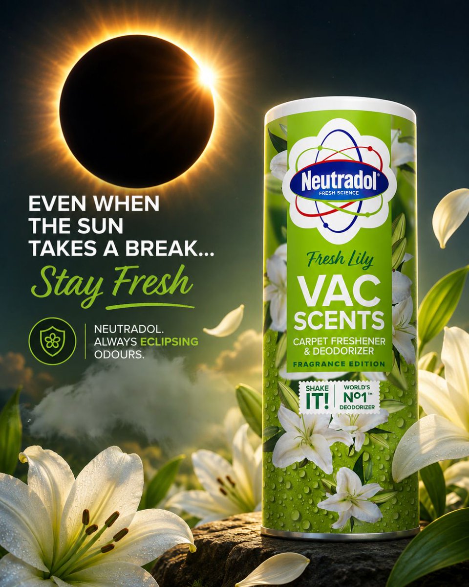 NeutradolFresh's tweet photo. Total eclipse of the... smell🌑 
Enjoy today's eclipse (and your fresh-smelling home)🌼

#NeutradolFresh #SolarEclipse2026 #FreshCarpet https://t.co/qzPL9nsgOU