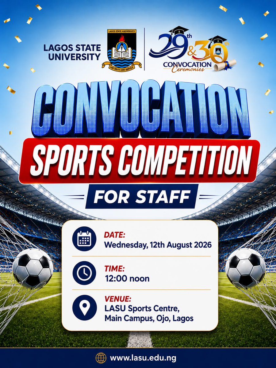 SEGIOoSERVICES's tweet photo. 🏃 #LASUConvocation2026: Staff Convocation Games Begin Today!

LASU staff across campuses will battle for honours today in athletics, indoor games and football.

Badagry vs Ikeja in the 3rd-place match, while Epe takes on Ojo in the final.

The competition is on! #LASUConvocation https://t.co/rMwD9R6bWG