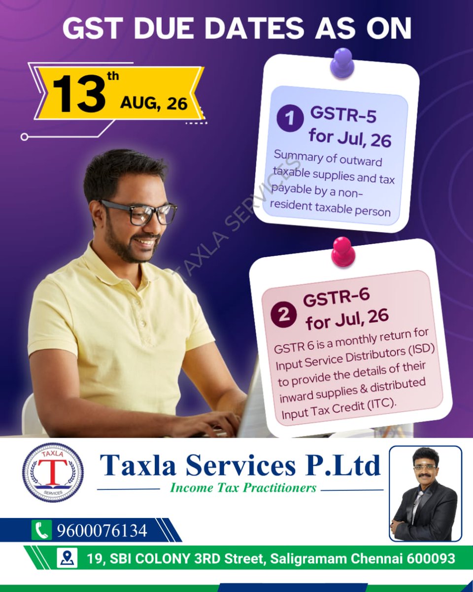 SivaAudit's tweet photo. π’ GST Due Dates β 13th August 2026
π Contact us today: +91 7305701454
π§ Email: auditsiva2@gmail.com
π Website: https://t.co/zDeM2BLvcY
#GSTR5 #GSTR6 #GSTDueDate #GSTReturns #GSTFiling #GSTUpdates #InputServiceDistributor #ISD #TaxlaServices #BestAuditorInTamilnadu https://t.co/jTBk9dSp7e