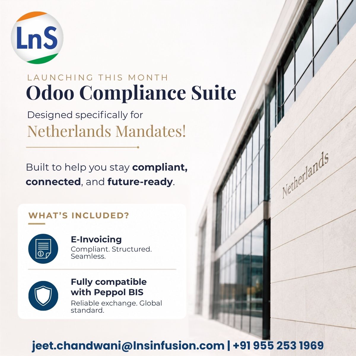 LnSInfusion's tweet photo. Netherlands tax and e-invoicing compliance, simplified with Odoo for multiple mandate by @LnSInfusion .
Stay compliant with E-Invoicing and VAT reporting— all in one integrated solution.
Connect with us today
📩jeet.chandwani@lnsinfusion.com 
 📞+91 95525 31969
#Odoo #Netherlands https://t.co/Ag2uyePAHY