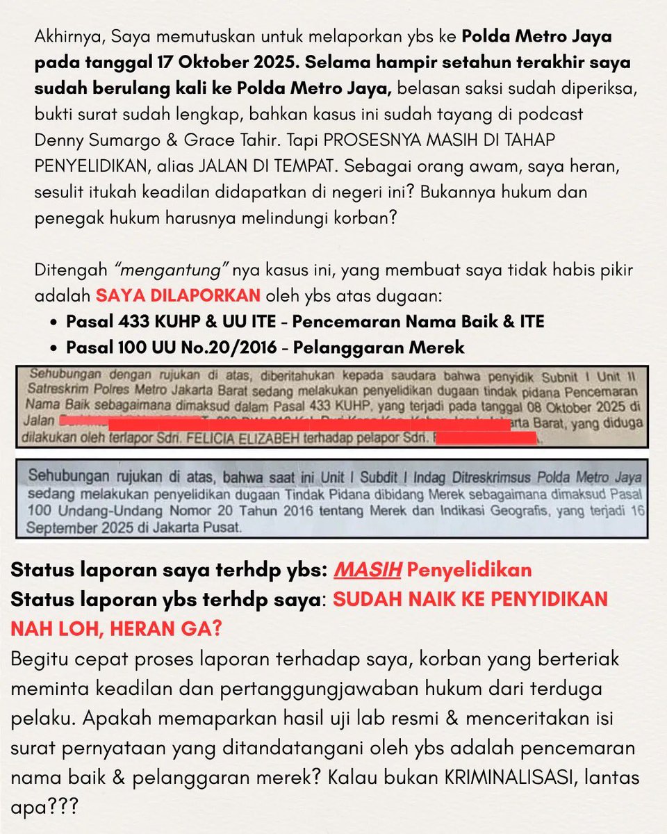 spring_cherry27's tweet photo. Guys kalian inget kasus baby Kai yang jadi korban seorang bakers yang ngaku jual product gluten fee-dairy free gak?
Setahun setelah kasus itu rame masih gak ada itikad baik dari si Felicia Novenna. Malah dia buka usaha fnb baru tanpa nyelesaiin masalah sebelumnya. Dia juga sering jalan-jalan ke luar negeri tanpa peduli para korban.
Dan parahnya dia ngelaporin balik orang tua baby Kai dengan dua tuntutan.

Belum selesai sampai disitu, laporan orang tua babi Kai jalan di tempat alias stagnan di tahap penyelidikan, padahal uda setahun dari laporan beliau.
Tapi laporan si FN malah uda naik ke tahap penyidikan.
Luar biasa banget kan kepolisian negara ini.

Please bantu viralin lagi kasus ini biar gak ada korban-korban lagi.
Detailnya bisa baca di postingan ig orang tua babi Kai di ig @ feliz88eliz