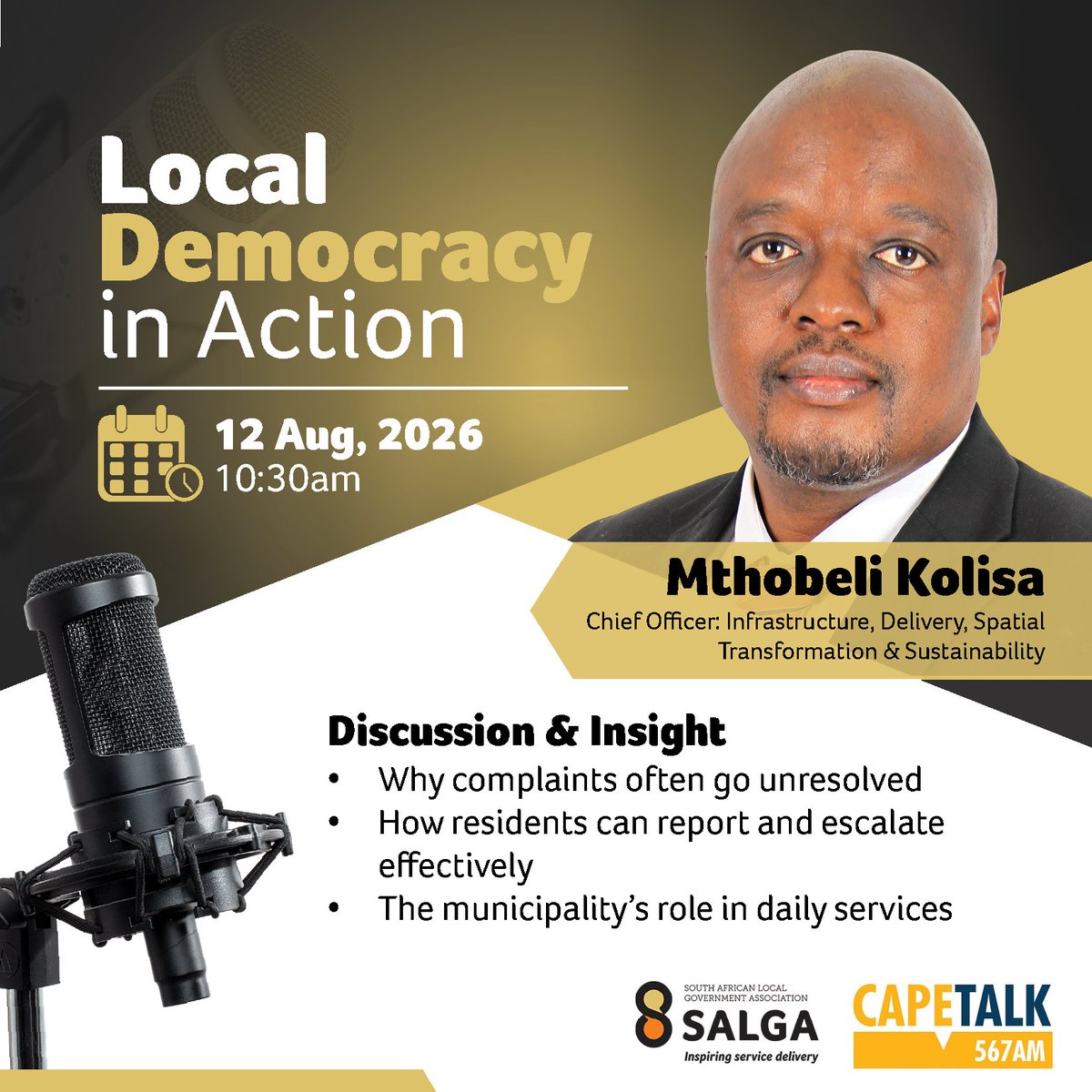 SALGA_Gov's tweet photo. Tune in to Cape Talk this morning at 10:30 as Mthobeli Kolisa, SALGA’s Chief Officer: Infrastructure, Delivery, Spatial Transformation & Sustainability, speaks on local democracy in action.
#LGE2026
#ResponsibleCitizenry
#SALGA30
#SALGAElevate
#InspiringServiceDelivery https://t.co/ue8ahKx2Ig