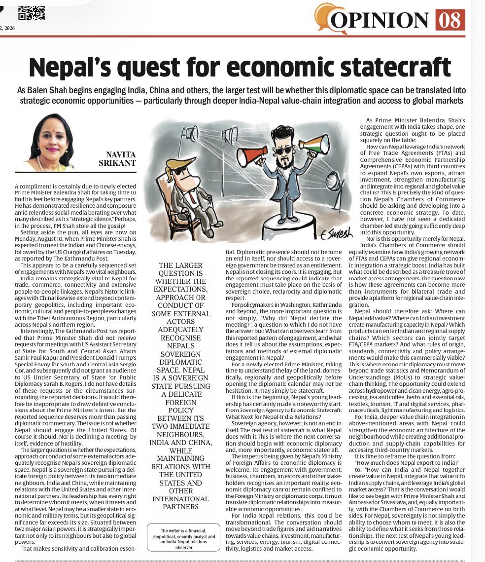 NavitaSrikant's tweet photo. #Opinion Writing for @TheDailyPioneer on #Nepal’s foreign affairs, I argue that Nepal’s strategic silence is speaking. 

From sovereign agency to economic statecraft, the real test is turning diplomatic space into strategic economic opportunity. The #India-#Nepal development partnership now needs a dedicated Economic Cooperation Chapter.
https://t.co/x1SAvbzyXd

#NeighbourhoodFirst
#EconomicStatecraft #Diplomacy #ForeignPolicy #UnitedStates #China