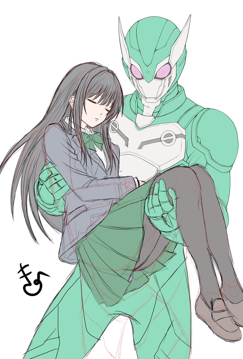 sugokukiyotteru's tweet photo. オリジナル仮面ライダー&amp;ヒロインで描きたかった奴を模索中です。

女の子が変身してる設定だけど、あえて女性的なスタイルじゃなくてゴリゴリ筋肉質の長身に。多分160cmが190cmくらいに伸びてます。

同性の幼馴染のピンチを、変身(変声機能有)してお姫様抱っこで救うのってなんかエモくないですか？ https://t.co/wAl6E8GRP4