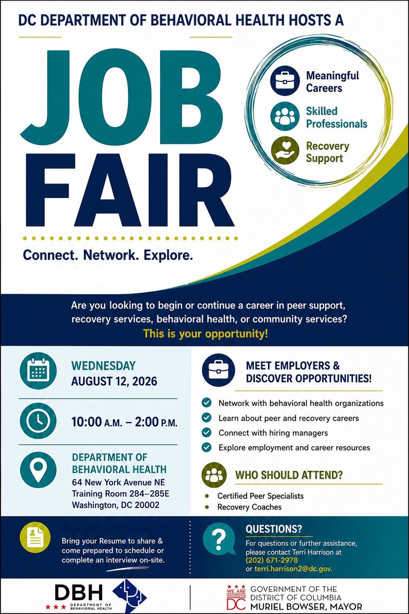 DBHRecoversDC's tweet photo. Today. Aug. 12. 10am. Behavioral health providers. Join our job fair to connect with certified peer specialists and recovery coaches to strengthen your treatment teams. 

These trained peers are proven to help people get into and stay in treatment for lasting recovery. https://t.co/BF3gotWH9o