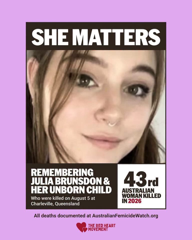 ShiannonC's tweet photo. The below is written by a man on Facebook -Graigus McVegus.

I honestly can’t say this any better than him, so I won’t. He gets it. Please read.

CW: men's violence against women. 

“In case you missed it, last week in Charleville, outback Queensland, police pulled an 18-month-old girl out of a house, covered in blood. Dead inside were Julia Brunsdon, 23 and pregnant, and her partner Michael Waltke, 45. Police are investigating it as a murder-suicide.

At 4am the next morning, journalist Sherele Moody would have added Julia to her ledger. Moody keeps the count of Australian women killed by men because no govt agency does, and she funds it by selling tshirts. She has been doing it since 2015.

Here is one of the patterns she records. When a man is murdered, he is almost always killed by someone who is not his family. When a woman is murdered, the killer is usually a male partner or relative. 

Considering this, I came to the following realisation: Men are terrorists.

I use the word "terrorist" very consciously. Terror is violence whose purpose is to create fear in those watching. This is what men do, and it is far more prevalent than most people realise.

Men terrorise women with dominance and violence. In March, the Bureau of Statistics recorded 97,800 family and domestic violence proceedings in a single year, the highest this country has ever seen, and 78% of them were men. There was no emergency declared and no national reckoning, just a media release on a nondescript Wednesday.

But it doesn't end there. 

Men also terrorise other men with shame and physical violence. Men are 90% of homicide suspects worldwide and 81% of the victims. The culture that teaches a boy to dominate is the same culture that eventually kills him, and it forbids him from ever admitting he is frightened.

Men terrorise everyone with less power by turning weakness into a character flaw. The poor, the sick, the elderly, the disabled, and the newly arrived. If you cannot produce economic value, you get treated as a cost to be managed, and the fear of ending up in that category keeps the rest of us quiet and compliant.

Men terrorise the living world with the same logic that treats women's bodies as resources to be owned and used. Land exists to be taken, and defenders get punished when they resist.

Finally, and it's important to raise this as the planet burns, men terrorise the future. This is the purest form of violence, because people not yet born cannot vote, cannot sue and cannot fight back. The most replicated finding in climate denial research is that conservative white men deny it more than anybody else, and researchers traced the cause to "system justification". These men are defending a system they sit on top of.

Which brings me back to Sherele Moody. She has a petition open for a royal commission into the killing of Australian women and girls, signed by over 140,000 people. In May, Albo, the most disappointing PM in history, waved it away on-air, saying: "there are calls for a royal commission about everything". 

If you haven't already, please sign the petition. Link in the first comment.

Fragile men will descend upon this post with "not all men". This is not the argument we're having. We're talking about a culture that runs on domination and recruits from birth. An individual being personally kind inside this culture is not the same as taking it apart.

If you are a man who already knows this, saying so out loud is worth more than you think. Comment, share and save this post. Write your own. Let other men know this has to end. It's up to us to dismantle the machine. 

And tell me, what is one thing you were taught to be ashamed of feeling, and who taught you?”

Note: If violence is happening in your house, 1800RESPECT is on 1800 737 732, available 24/7. If you know it is happening in someone else's house, you can also call.