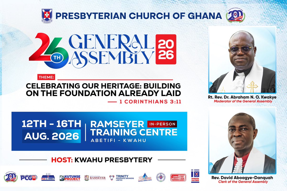 PresbyOfficial's tweet photo. #26thGA: In-person meeting starts today, Wednesday, 12th August 2026 at RTC, Abetifi-Kwahu. 

“For no one can lay any foundation other than the one we already have — Jesus Christ”- 1 Corinthians 3:11 https://t.co/6G55uevgwt