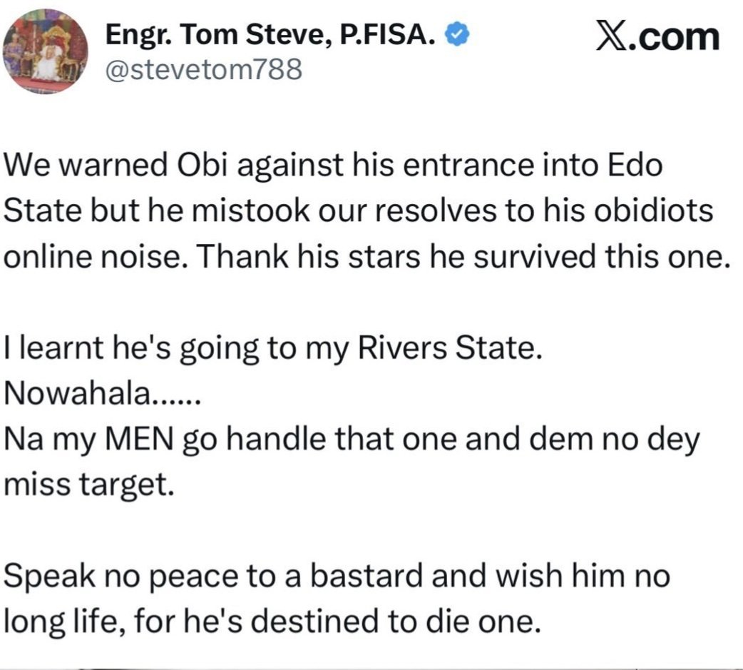 UNOFFICIALFACT's tweet photo. Obidients, please be informed.

Despite his open admittance to the crime of the assassination attempt on Peter Obi's life in Edo state, and his plot to eliminate Obi if he enters Rivers state, a hardcore hardline supporter of Tinubu and his APC government,
Udeme Monday Stephen @stevetom788 is out and back on twitter, after his arrest by DSS in March, 2026. All they did was to delete the 26th of February 2026 tweet evidence where he threatened to eliminate Peter Obi.

Nigerians, under this APC it is different stroke for different folks, because on his mandate they stand. 

Solomon Akuma the Pharmacist who was an anti-APC and anti-Buhari never got this same treatment for his tweet in 2020.  He spent months, detained at FCID, charged to court for terrorism, sedition and threat to the life of Buhari. He was sent to Kuje prison, and later transfered to one of the most notorious prisons in Nigeria, Suleja prison for just jokingly replying to a twitter question on how to spend a million dollars if gifted. He only got his freedom back in 2023, the year Buhari was leaving office through the court of Appeal.