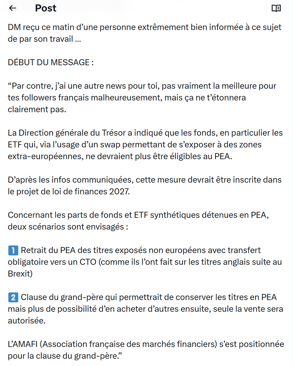 LeaBourseFR's tweet photo. 🚨🇫🇷  La Direction générale du Trésor envisagerait d'exclure les ETF synthétiques du PEA dès 2027.

Le timing est... désastreux.

L'inflation 2022-2024 avait fait découvrir à des centaines de milliers de Français que le Livret A ne suffisait plus.

Les réseaux sociaux avait démocratisé les ETF mondiaux.

BlackRock constatait (cette semaine) que les Français commençaient enfin à distinguer épargne et investissement.

Les encours sur ETF en PEA avaient EXPLOSÉ à la hausse.

Et c'est exactement à ce moment que Bercy décide d'intervenir. ��

Le message envoyé aux investisseurs qui venaient tout juste de découvrir les marchés mondiaux via leur PEA : votre outil le plus efficace va être restreint.

C'est le même signal que la taxe Tobin de 2012 sur les transactions financières : lancée au moment précis où les Français auraient pu profiter du rebond post-crise. 

La France a un talent particulier pour décourager l'investissement productif au moment exact où il commençait à se démocratiser.