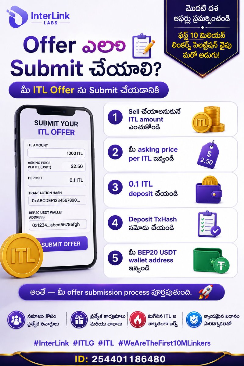 PSubbaiah65629's tweet photo. Offer ఎలా Submit చేయాలి? 📝
📝 మీ ITL Offer‌ను Submit చేయడానికి:
1️⃣ Sell చేయాలనుకునే ITL amount ఎంచుకోండి
2️⃣ మీ asking price per ITL ఇవ్వండి
3️⃣ 0.1 ITL deposit చేయండి
4️⃣ Deposit TxHash నమోదు చేయండి
5️⃣ మీ BEP20 USDT wallet address 🚀
#InterLink #ITLG #ITL #WeAreTheFirst10MLinkers https://t.co/yO4GG2DEW0
