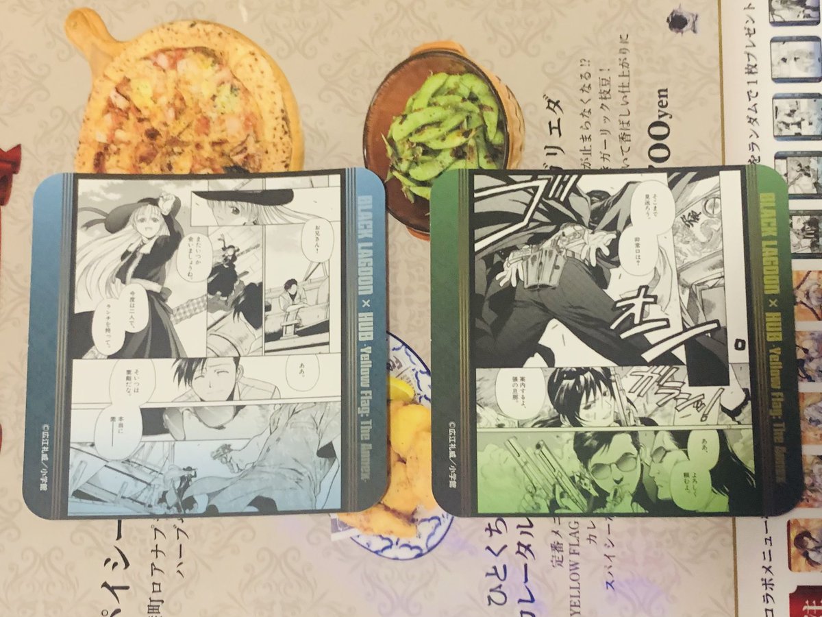 V25shu's tweet photo. 【交換】
ブラックラグーン HUB 特典コースター 池袋
譲：画像、シェンホア、バラライカ、張
求：レヴィ、エダ＞レヴィ&amp;ロックが写っているもの
まとめて、本日池袋交換優先
スリーブ忘れてしまったため、直で失礼いたします🙇‍♂️ https://t.co/2GSbSkkenM
